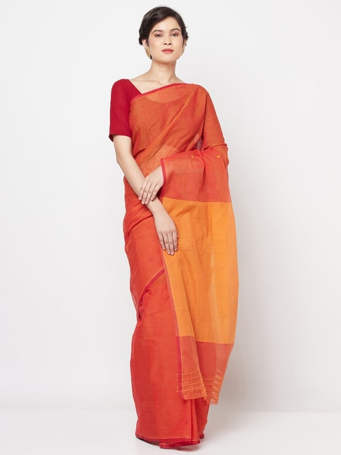 Fabindia Orange Cotton Woven Saree Price in India