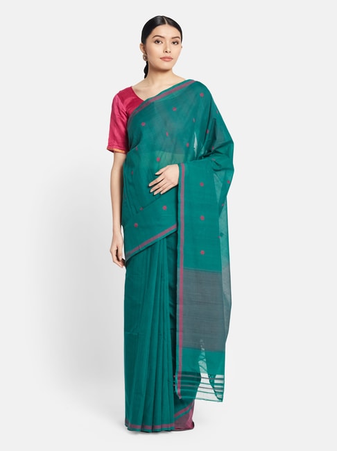Fabindia Green Cotton Woven Saree Price in India