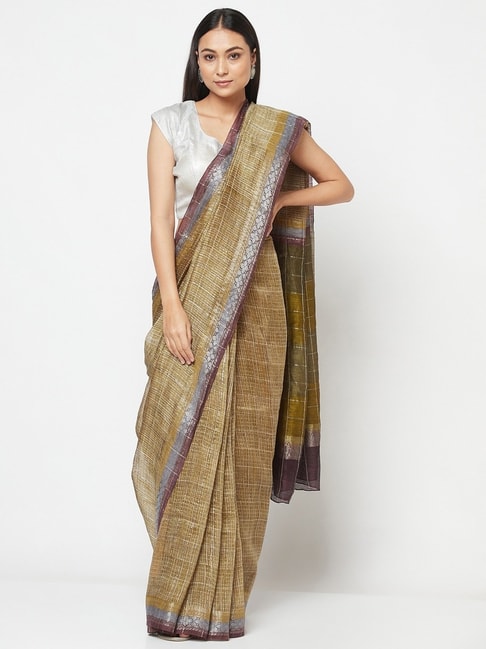 Fabindia Dijon Yellow Linen Silk Printed Saree Price in India
