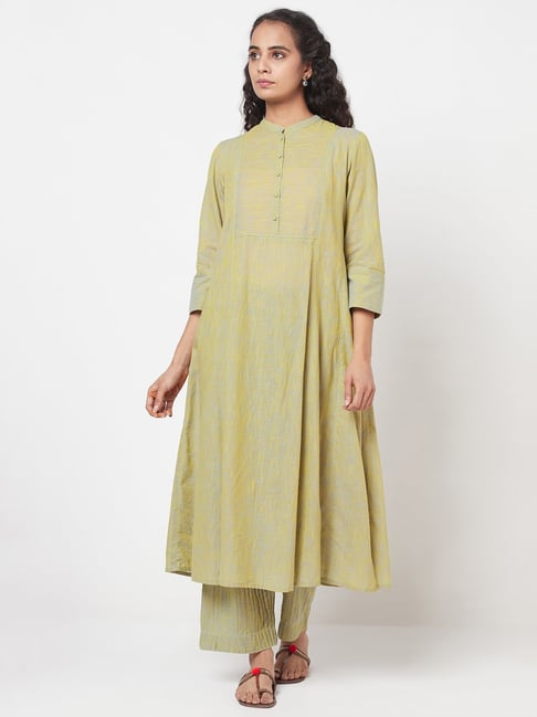 Fabindia Green Cotton Solid Kurta Pant Set