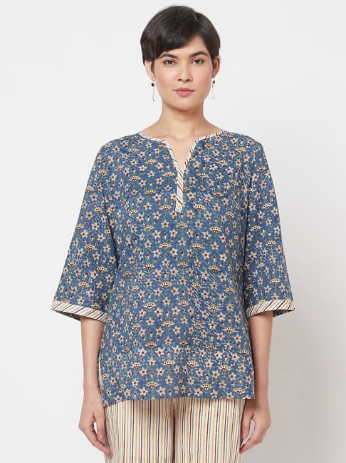 Fabindia Blue & Off-White Cotton Printed Tunic Palazzo Set