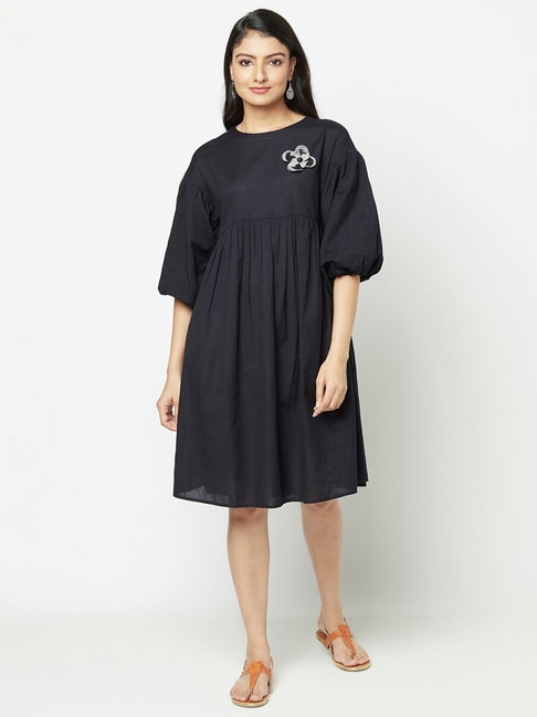 Fabindia Black Cotton Linen A-Line Dress Price in India