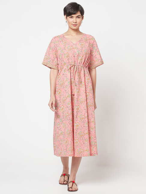 Fabindia Pink Cotton Printed A-Line Dress Price in India