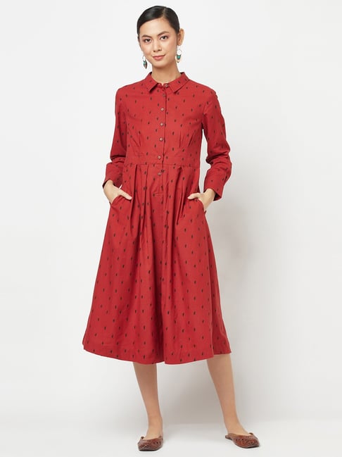 Fabindia Red Cotton Printed A-Line Dress Price in India