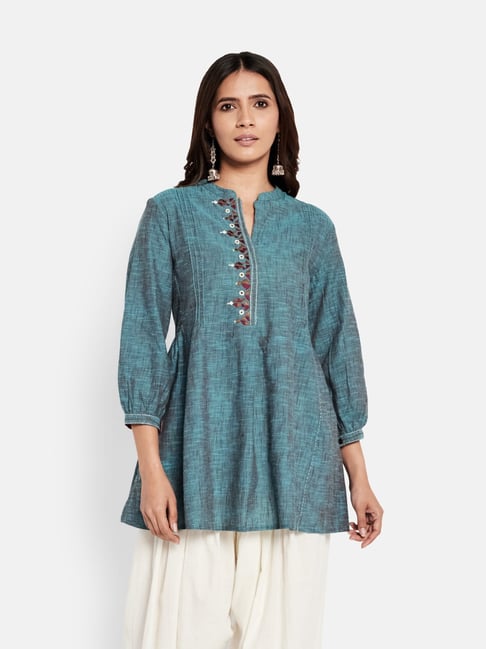 Fabindia Blue Cotton Embroidered Tunic