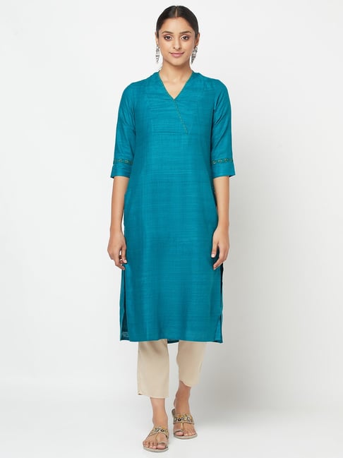 Buy Fabindia Teal Blue Embroidered Straight Kurta for Women Online @ Tata  CLiQ