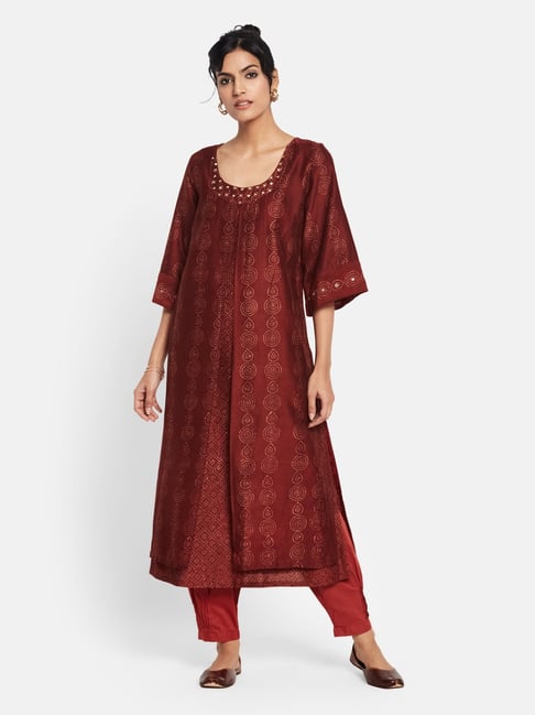 Fabindia Maroon Printed Straight Kurta