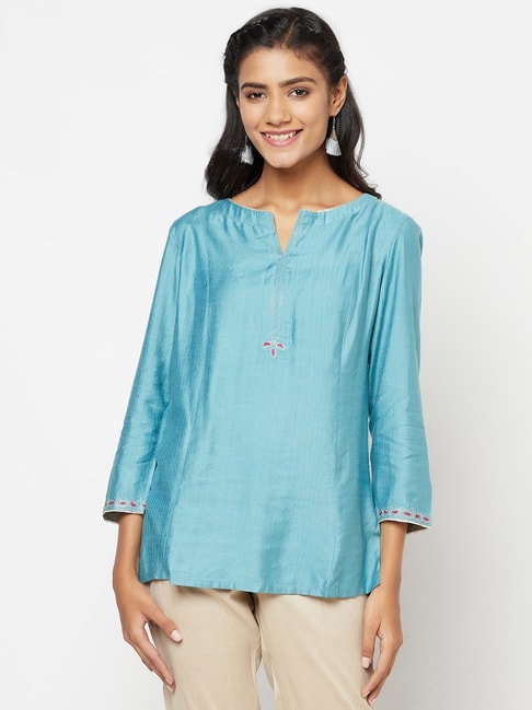 Fabindia Sky Blue Embroidered Top Price in India