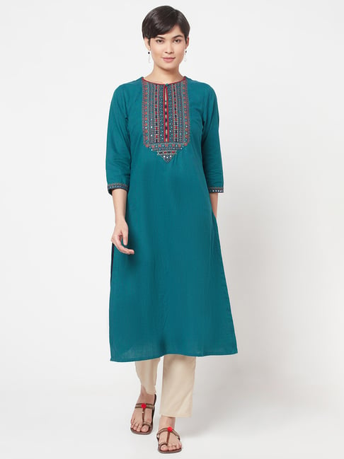 Fabindia Teal Blue Cotton Embroidered Straight Kurta Price in India