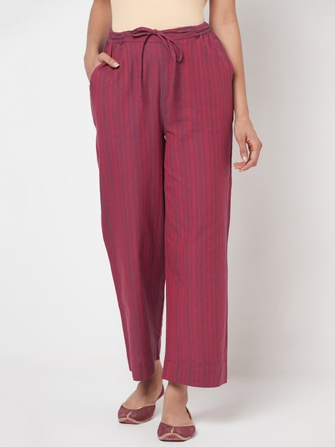 Buy Striped Cotton Trousers Drawstring Back Elastic WaistS Brown at  Amazonin