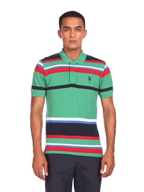 U S Polo Assn U.S. Polo Assn. Green Cotton Regular Fit Striped Polo T-Shirt