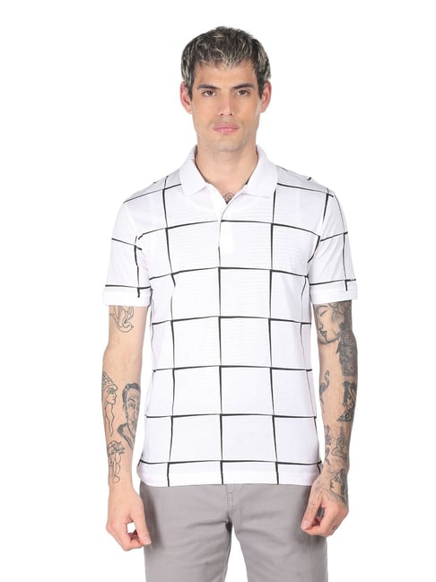 Arrow New York White Cotton Regular Fit Checks Polo T-Shirt