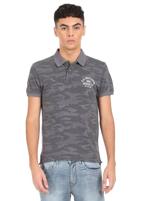 U S Polo Assn U.S. Polo Assn. Grey Cotton Regular Fit Camouflage Polo T-Shirt