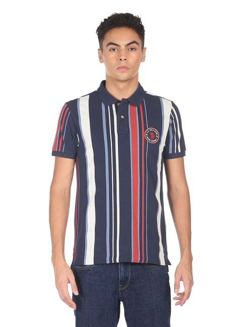 U S Polo Assn U.S. Polo Assn. Navy Cotton Regular Fit Striped Polo T-Shirt