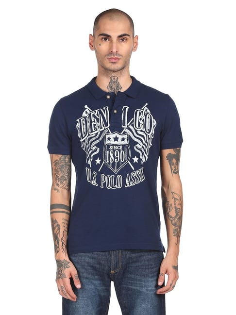 U S Polo Assn U.S. Polo Assn. Navy Cotton Regular Fit Printed Polo T-Shirt