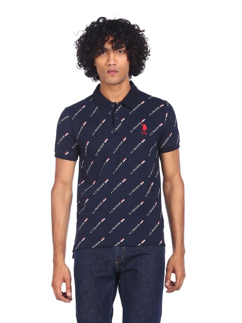 U S Polo Assn U.S. Polo Assn. Blue Cotton Regular Fit Printed Polo T-Shirt