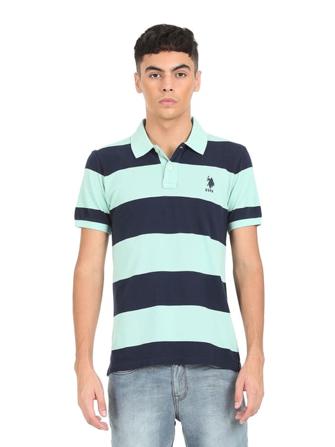 U S Polo Assn U.S. Polo Assn. Green Cotton Regular Fit Striped Polo T-Shirt