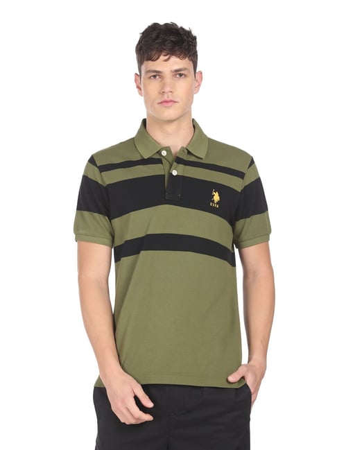 U S Polo Assn U.S. Polo Assn. Green Cotton Regular Fit Striped Polo T-Shirt