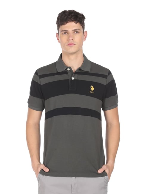 U S Polo Assn U.S. Polo Assn. Grey Cotton Regular Fit Striped Polo T-Shirt