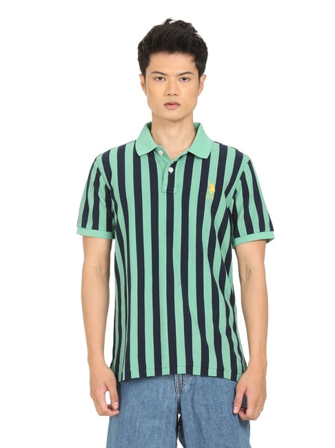 U S Polo Assn U.S. Polo Assn. Green Cotton Regular Fit Striped Polo T-Shirt