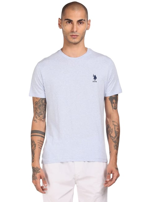 U S Polo Assn U.S. Polo Assn. Blue Cotton Regular Fit Self Pattern T-Shirt