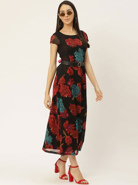 Belle Fille Black & Red Floral Print Dress Price in India