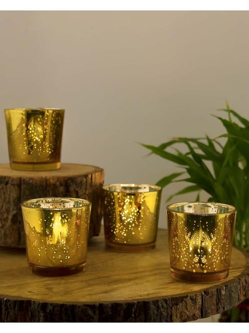 Homesake 'Holi' Golden Glass Tea Light Holder - Set of 4