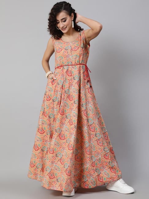 Aks Peach Printed Maxi Dress Price in India