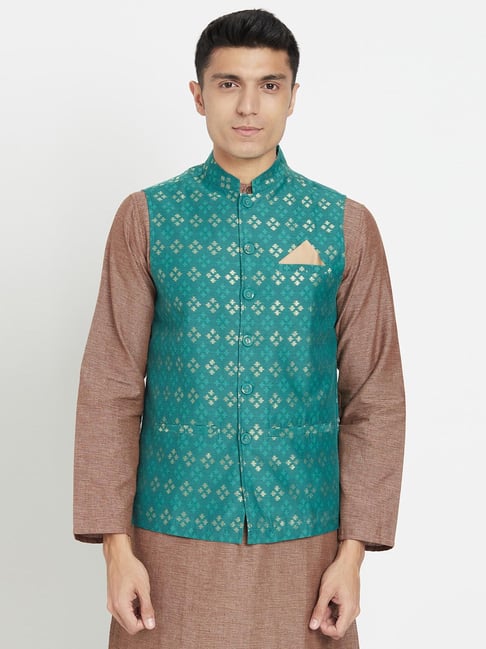 Fabindia Light Green Sleeveless Mandarin Collar Nehru Jacket-picture-12