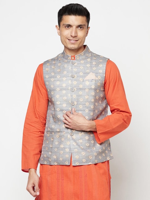 Fabindia Light Grey Sleeveless Mandarin Collar Nehru Jacket