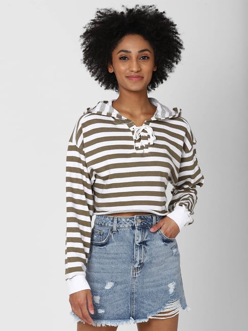 Buy Forever 21 Olive u0026 White Striped Sweatshirt for Women Online @ Tata CLiQ
