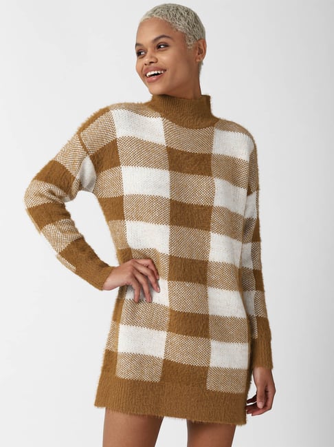 Forever 21 Brown Checks Regular Fit A Line Dress
