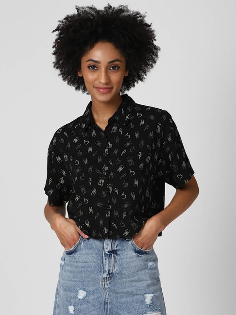 Forever 21 Black Printed Crop Shirt Price in India
