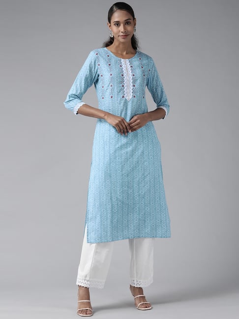 Yufta Blue Pure Cotton Embroidered Straight Kurta Price in India