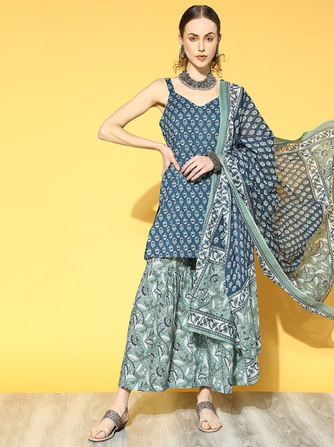 Yufta Blue Pure Cotton Printed Kurti Sharara Set With Dupatta Price in India