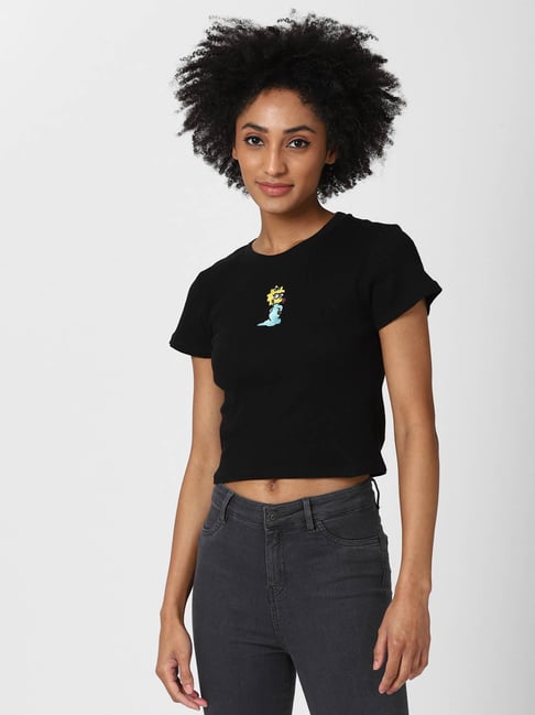 Forever 21 Black Printed Crop T-Shirt