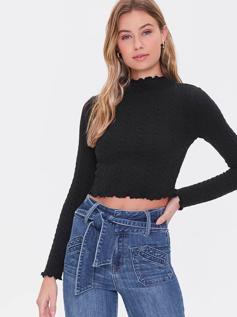 Forever 21 Black Self Design Crop Top Price in India