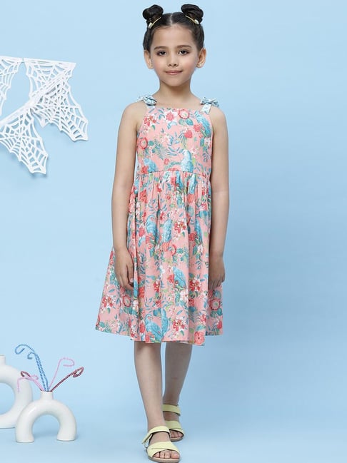 BIBA Girls Peach Cotton Printed Dress