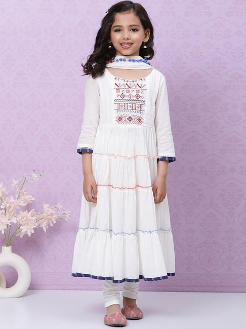 BIBA Girls Off White Cotton Embroidered Suit Set