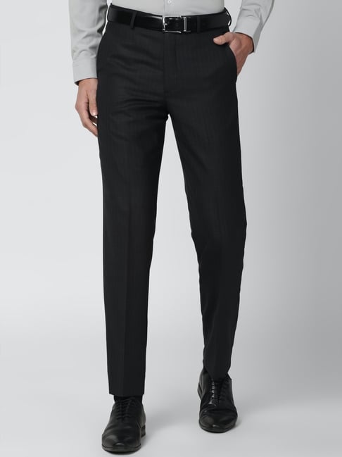 Van Heusen Black Regular Fit Striped Flat Front Trousers