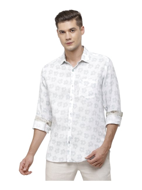 Off-White Linen Floral Print Men's Shirt , Relaxed Fit Floral