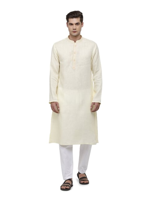 Buy Linen Club Light Yellow Regular Fit Embroidered Kurta for Mens