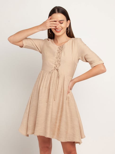 Buy Women's Beige Dress Vintage Floral Lace Long Sleeve Flowy Modest Midi  Work Casual Dress at Amazon.in