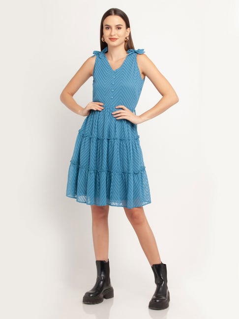 Zink London Blue Self Design Dress Price in India