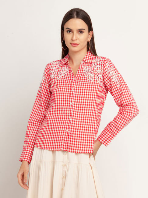 Zink London Red & White Checks Crop Shirt Price in India