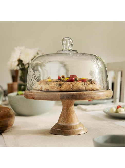 ACACIA WOODEN CAKE STAND WITH GLASS DOME