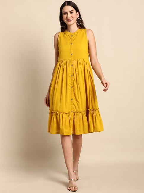 Janasya Yellow Cotton A-Line Dress Price in India