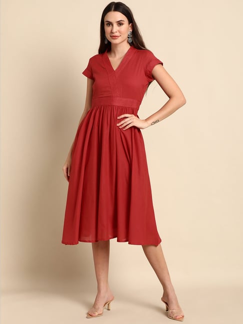Janasya Red Cotton A-Line Dress Price in India