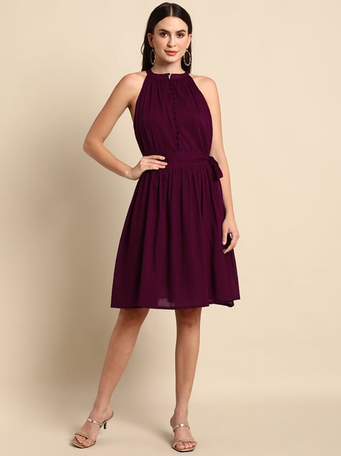 Janasya Purple Cotton A-Line Dress Price in India