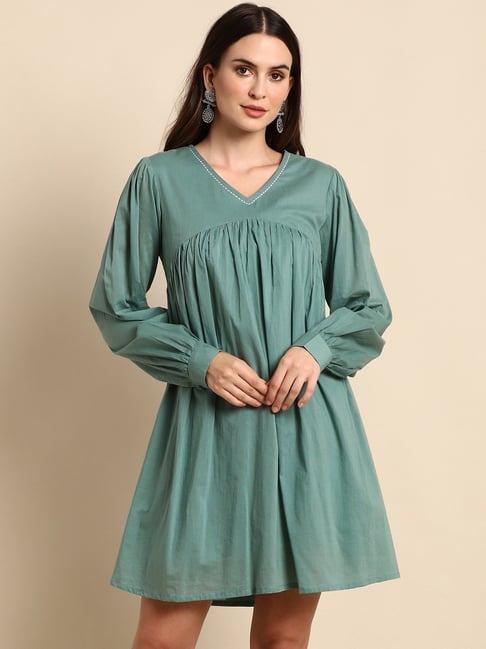 Janasya Green Cotton A-Line Dress Price in India